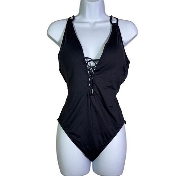 La Blanca Other - La Blanca Black Lace Up Plunge One Piece Swimsuit Size 8 Strappy Back Resort
